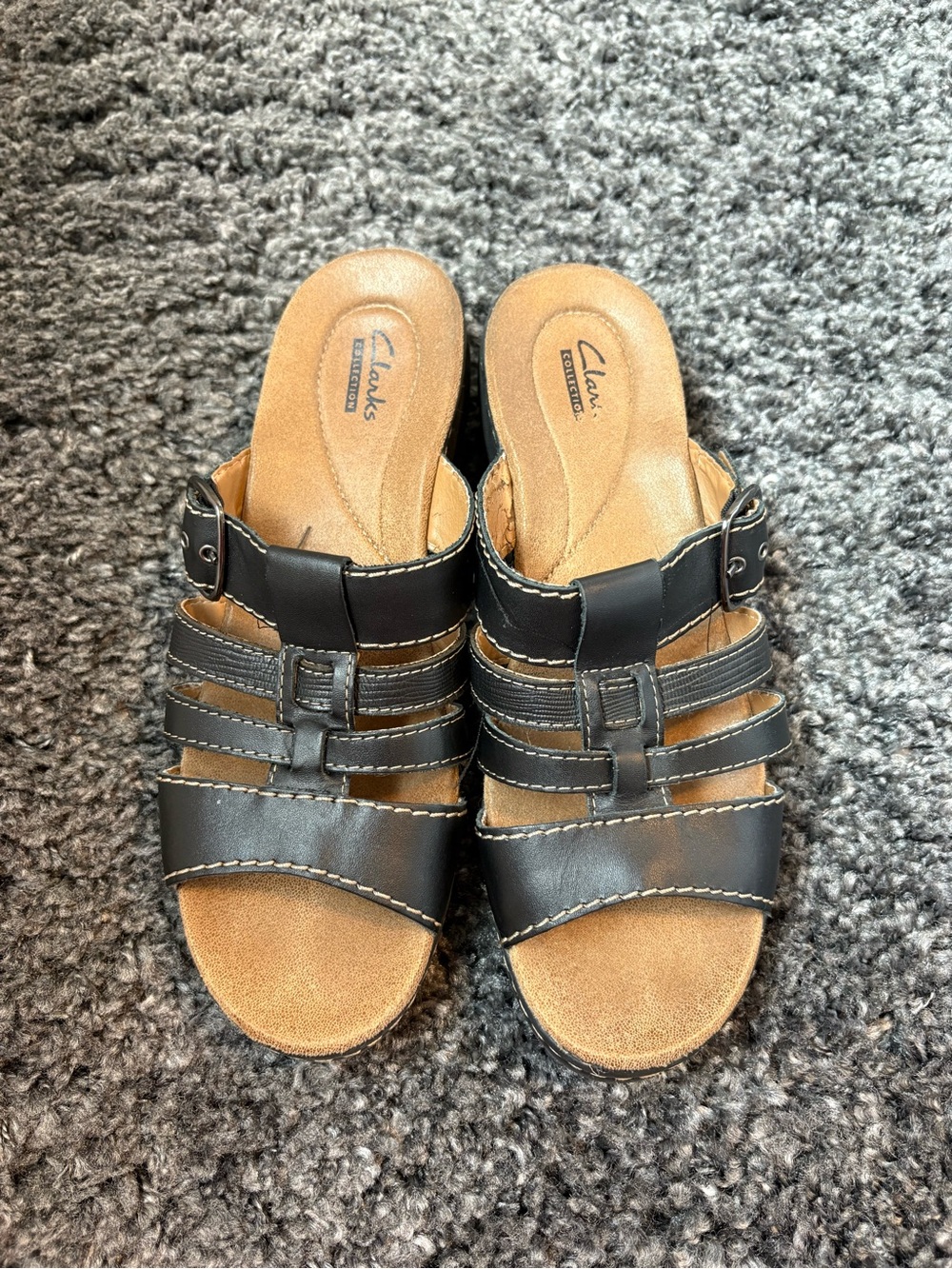 Clarks Black Strappy Slide Mules with Buckle